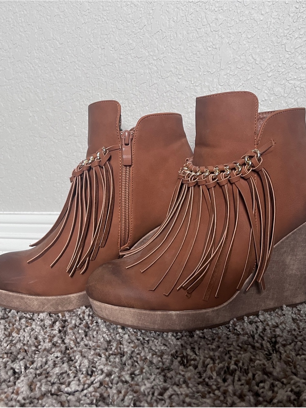 Fringe Chain Detail Tan Wedge Ankle Booties